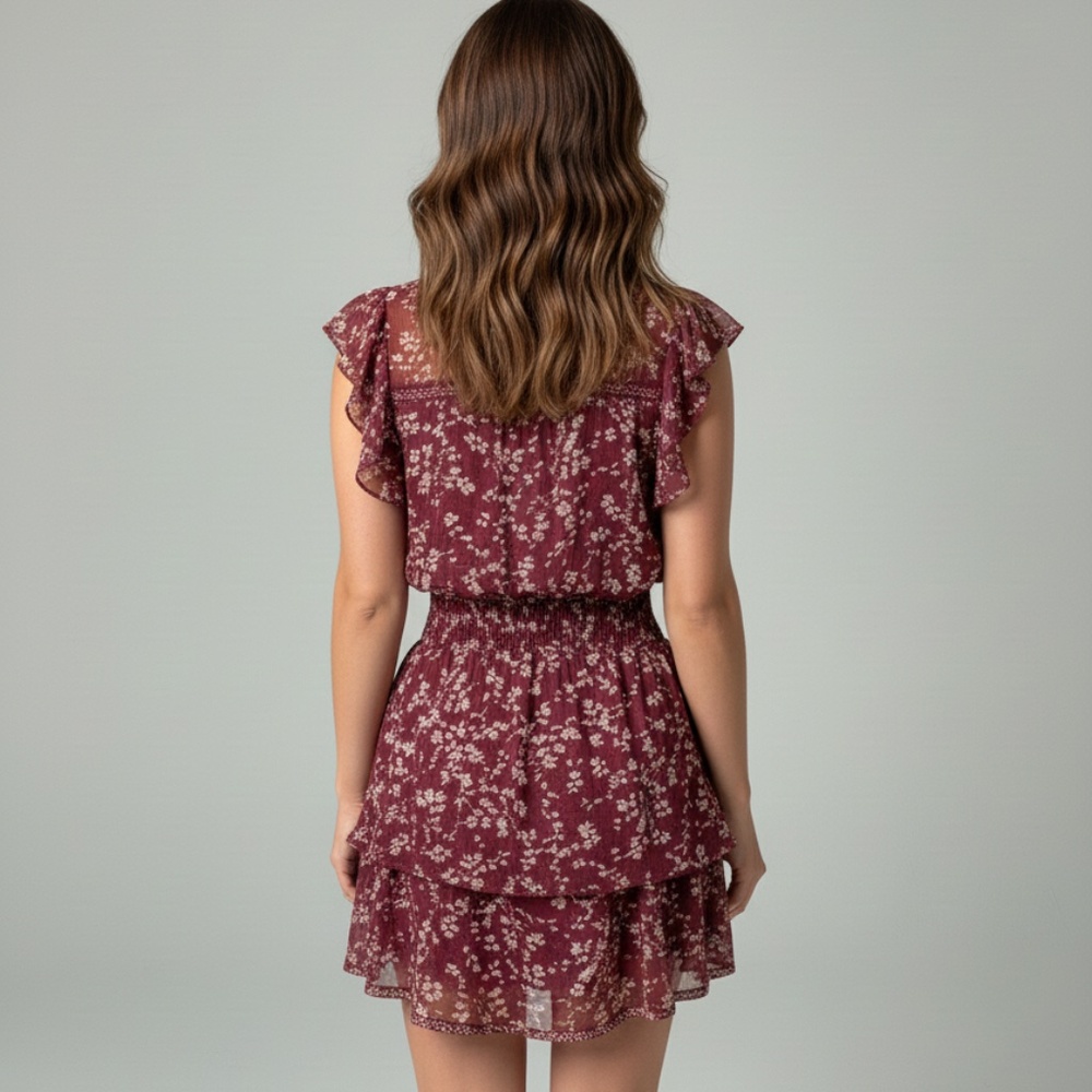 Patterned Burgundy/Cream Layered Dress w/ Flowy Skirt and Short Sleeve (Medium) - Picture 3 of 14